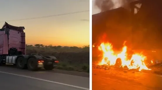 Caminhão com cerveja pega fogo em rodovia de MT