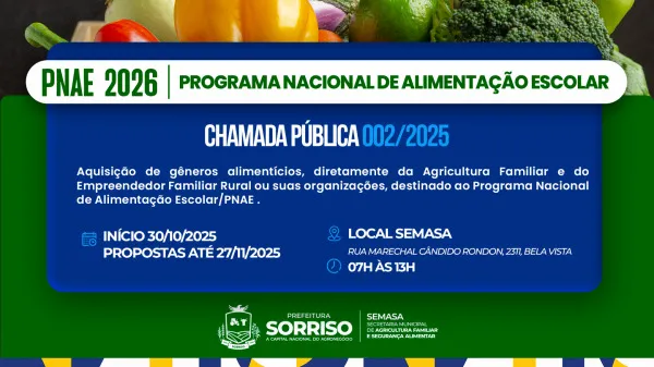 Abertas as inscrições para o fornecimento de alimentos ao PNAE 2026