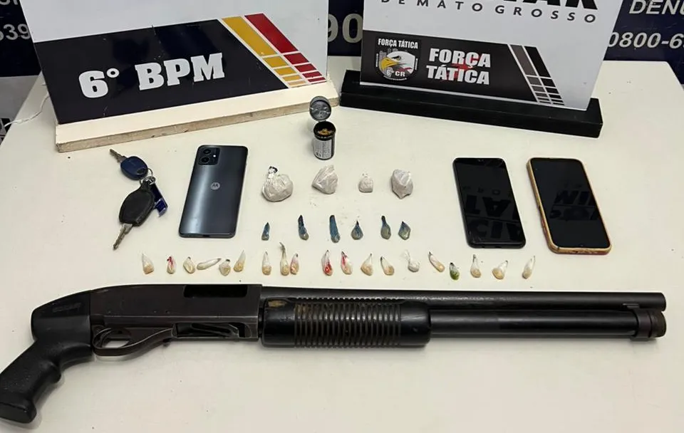 Polícia Militar detém três faccionados com espingarda e drogas em Cáceres