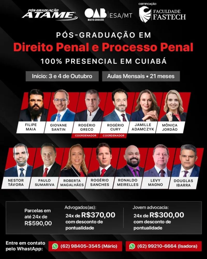 OAB-MT lança Pós-Graduação em Direito Penal e Processo Penal com grandes nomes da advocacia criminalista